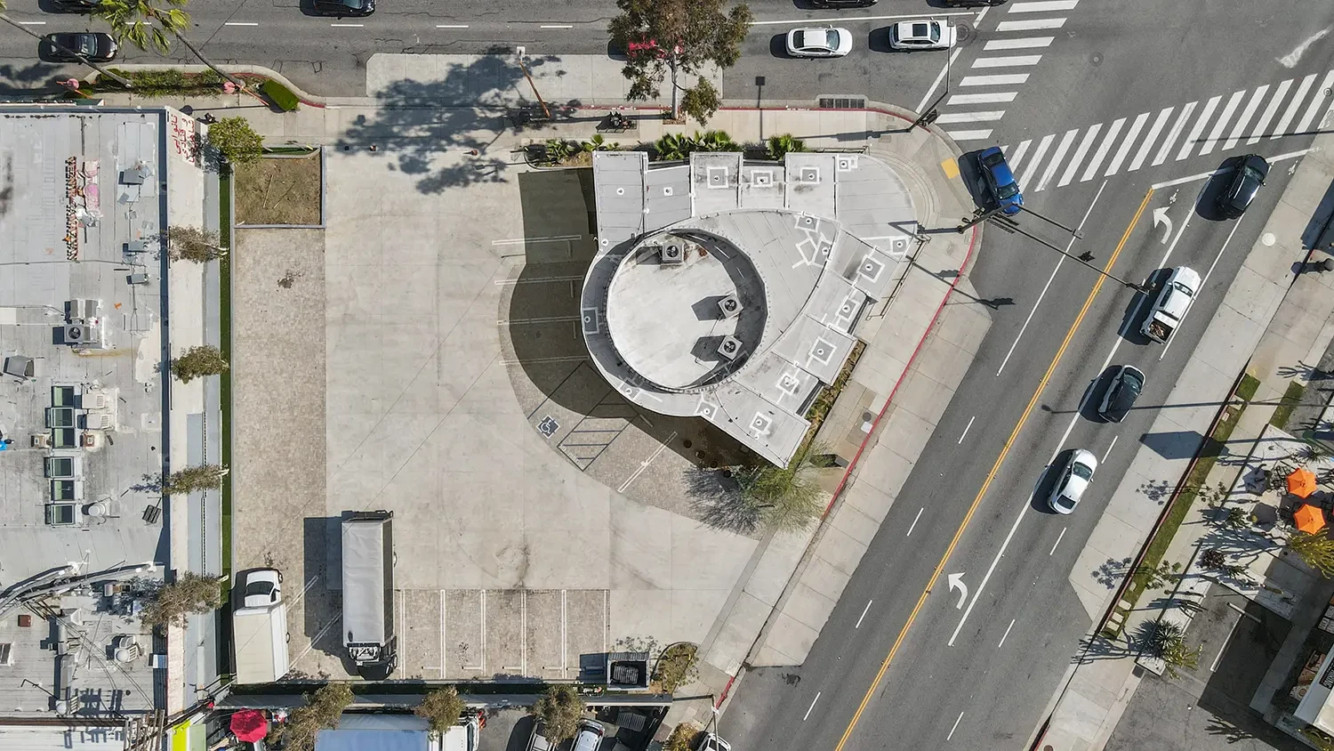 Aerial view of the venue building and surrounding area